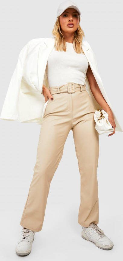 boohoo Nepleren Broek Met Rechte Pijpen, Ceintuur En Gesp, Stone