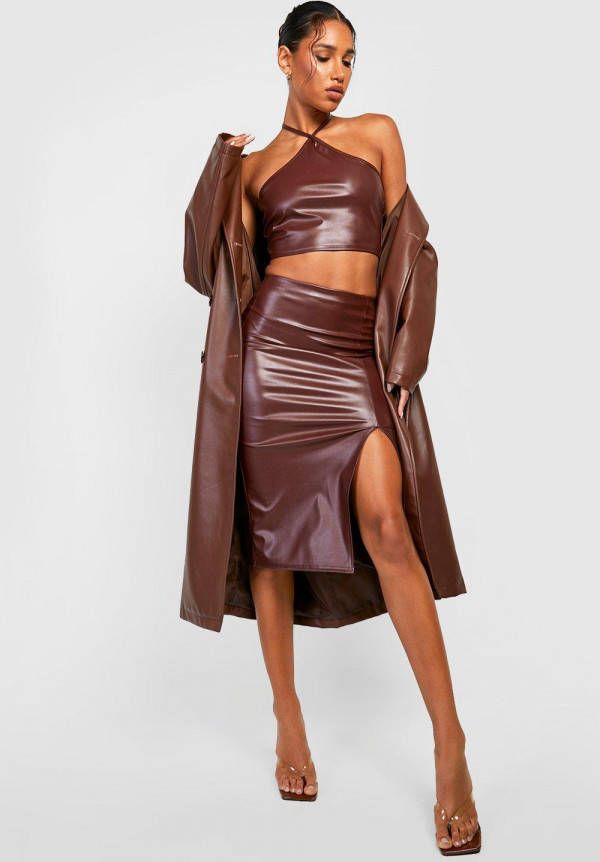 boohoo Nepleren Halter Top En Midi Rok Met Split, Chocolate