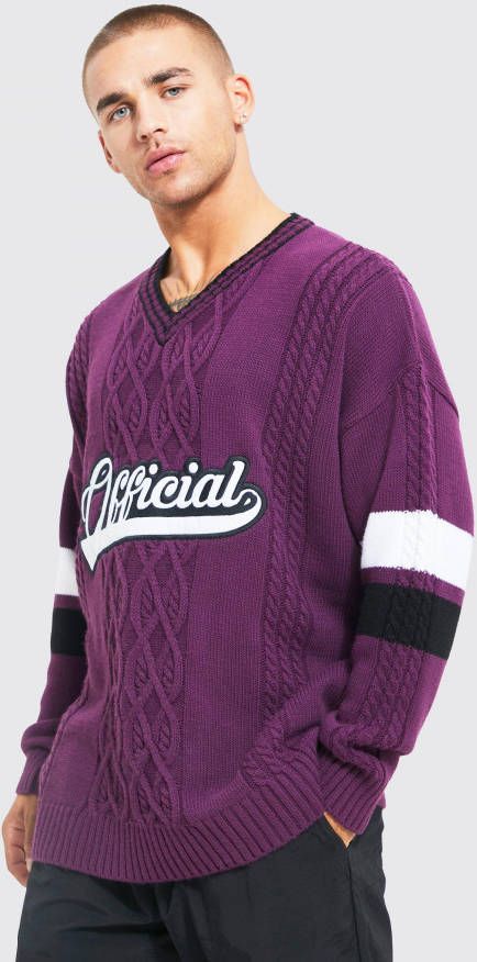 boohoo Official Grof Gebreide Varsity Trui, Purple