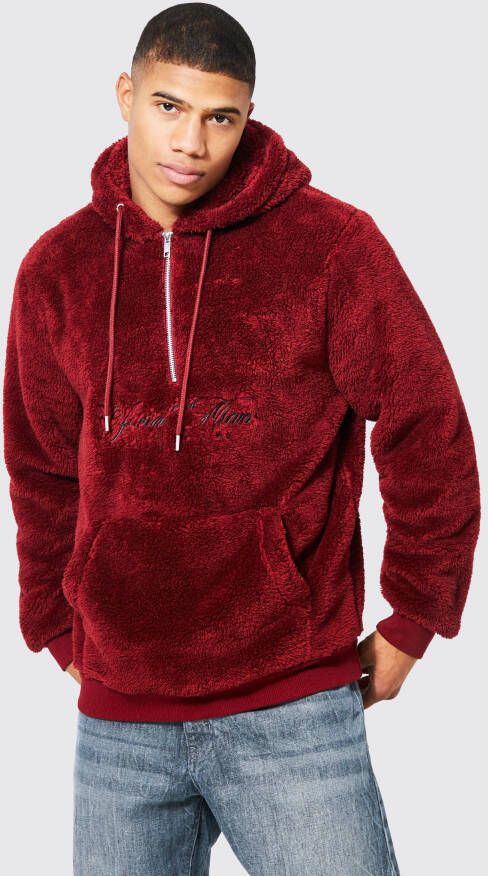 boohoo Official Man Geborduurde Nepwollen Hoodie Met Halve Rits, Burgundy