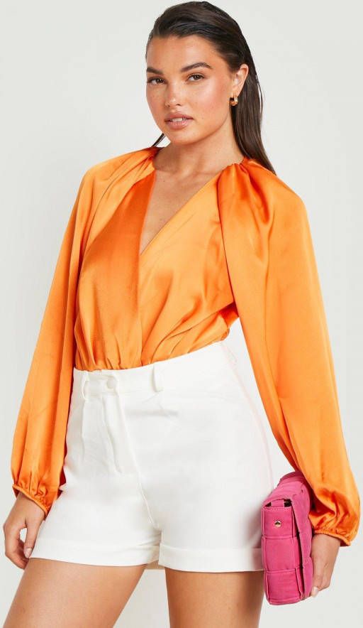 boohoo One Piece Met Ballonmouwen En Laag Decolleté,, Orange