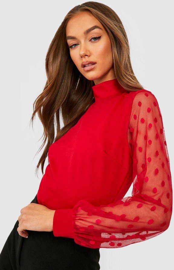 boohoo One Piece Met Gestipte Mesh Mouwen En Hoge Hals, Red