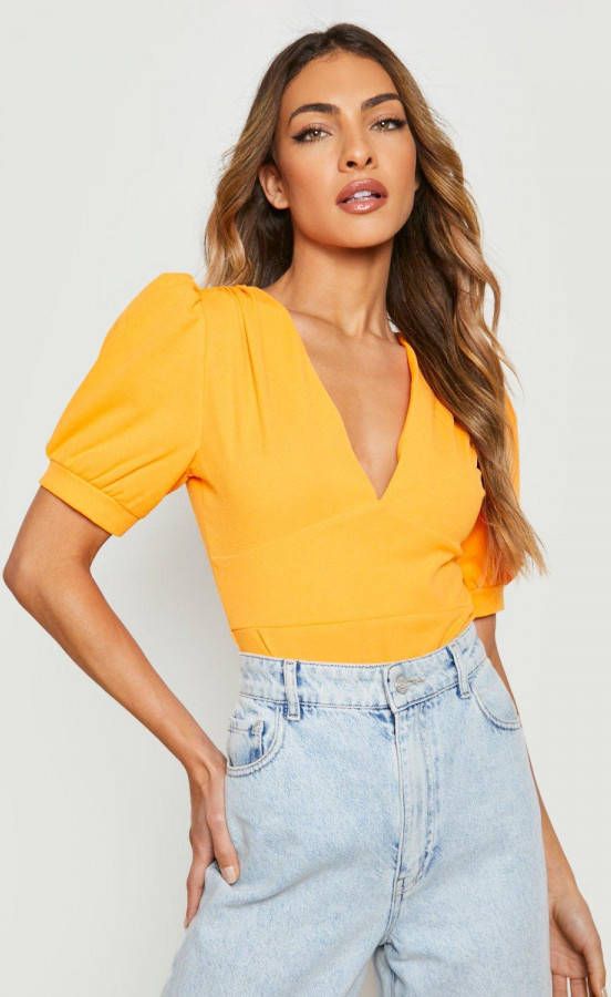 boohoo One Piece Met Laag Decolleté, En Pofmouwen, Orange