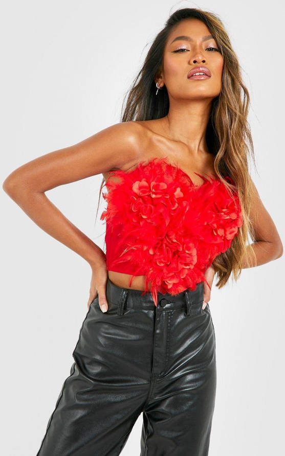 boohoo Organza Bandeau Top Met Veren, Red