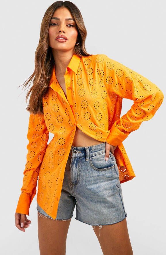 boohoo Oversized Broderie Blouse, Orange