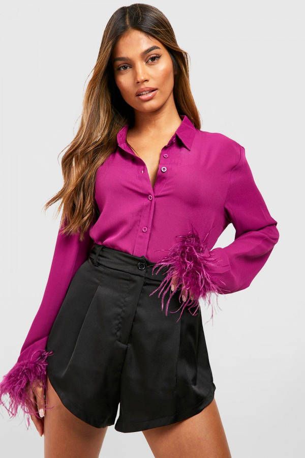 boohoo Oversized Chiffon Blouse Met Veren, Purple