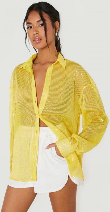 boohoo Oversized Doorschijnende Sequin Glitter Blouse, Yellow