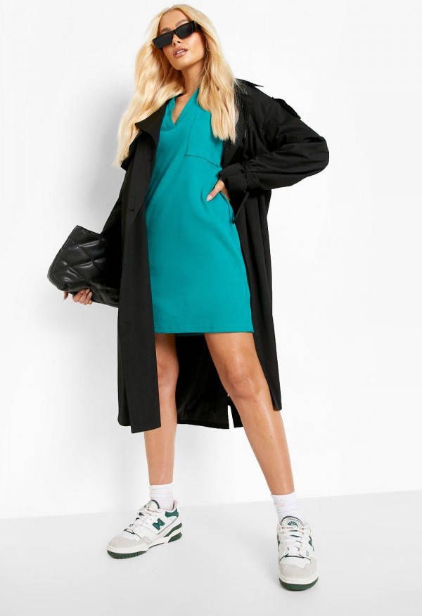 boohoo Oversized Geribbelde Premium T Shirt Jurk, Bottle Green