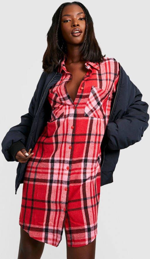 boohoo Oversized Geruite Blouse Jurk, Pink