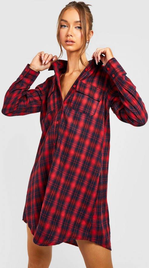 boohoo Oversized Geruite Blouse Jurk, Red