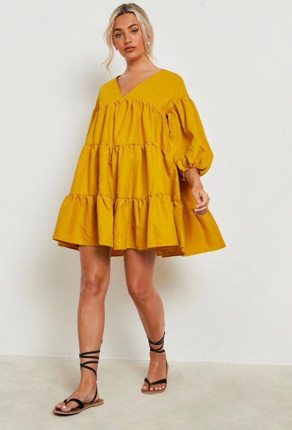 boohoo Oversized Gesmokte Jurk Met Laagjes, Mustard