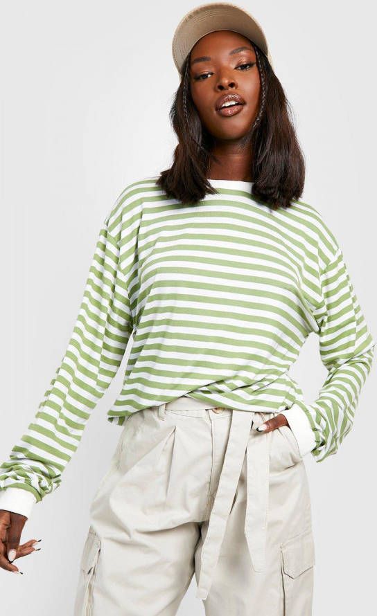 boohoo Oversized Gestreept T Shirt Met Lange Mouwen, Green