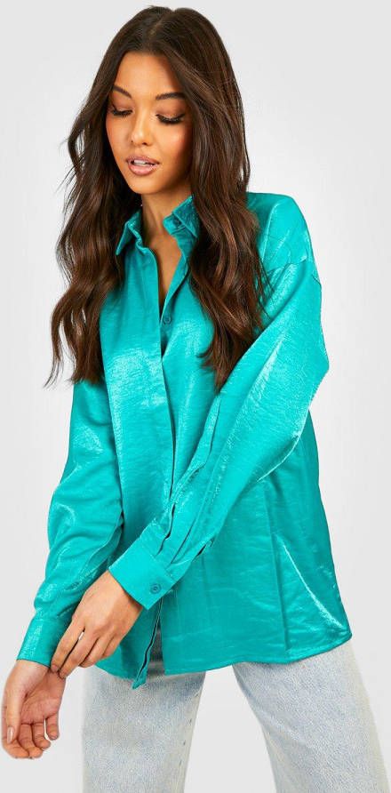 boohoo Oversized Glimmende Satijnen Blouse, Teal