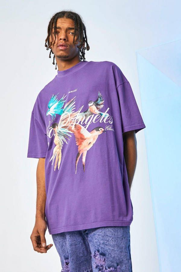 boohoo Oversized Los Angeles T Shirt Met Brede Nek, Purple