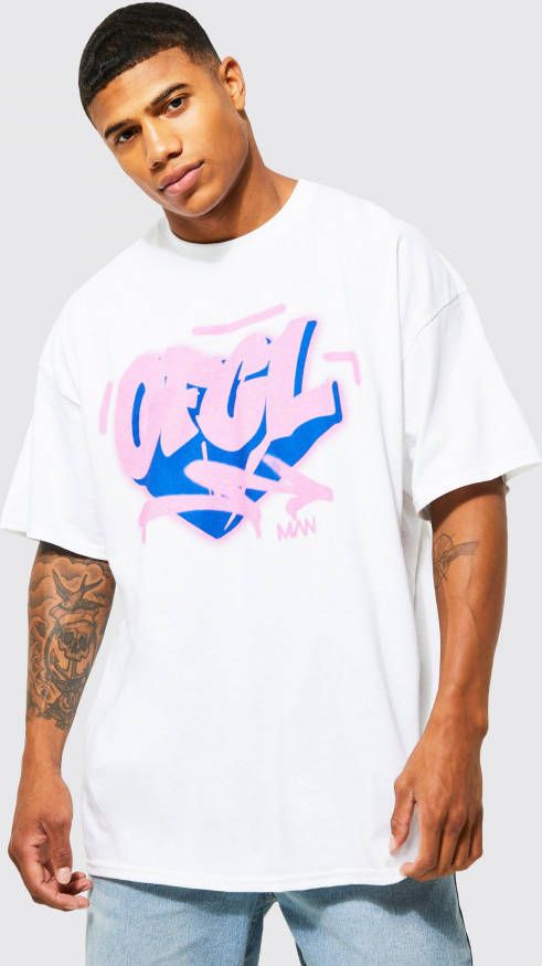 boohoo Oversized Official Graffiti T Shirt Met Print, White