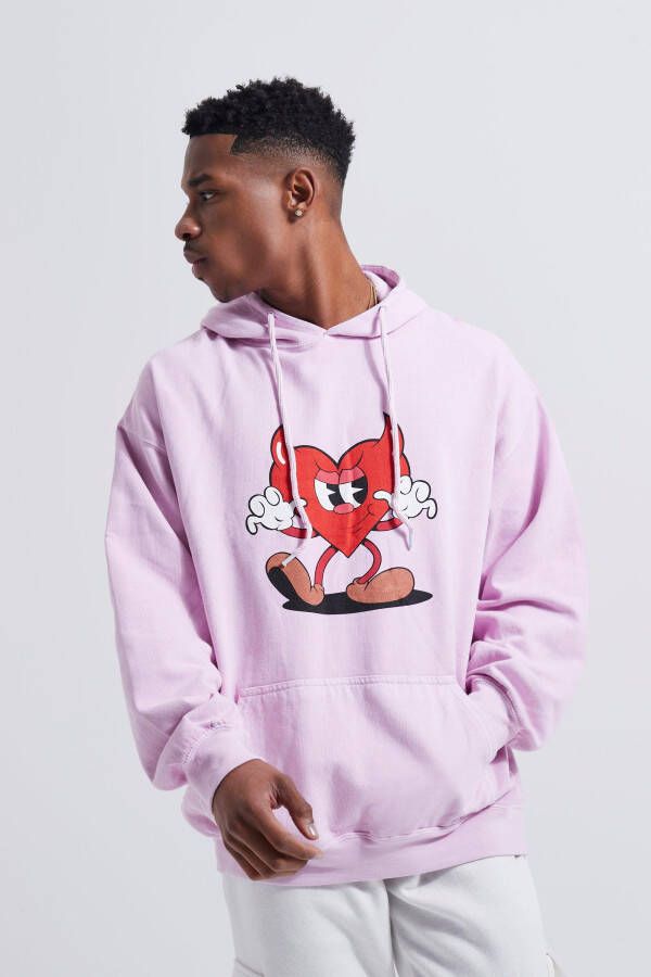 boohoo Oversized Overdye Devil Hartjes Hoodie Met Print, Pink
