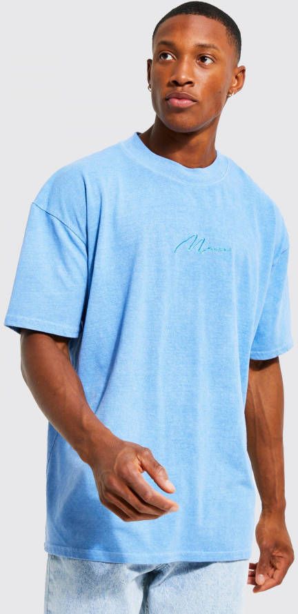 boohoo Oversized Overdye Man Signature T Shirt, Light Blue