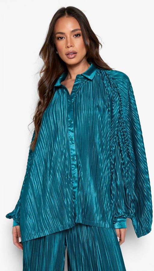 boohoo Oversized Plisse Blouse, Teal