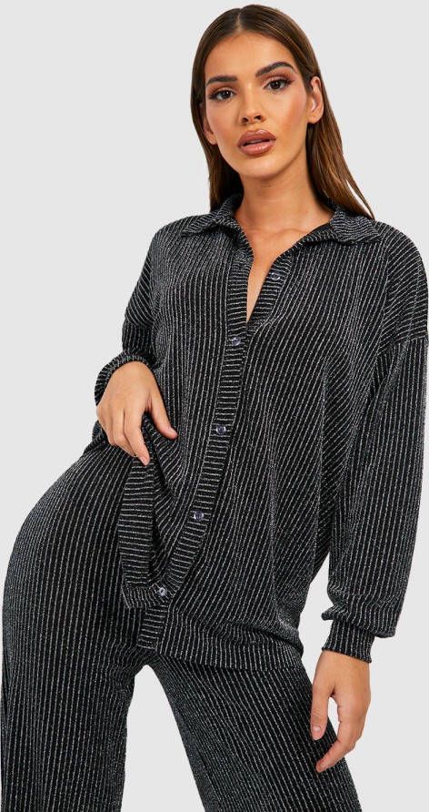 boohoo Oversized Plisse Metallic Baggy Blouse, Silver