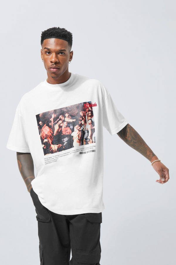 boohoo Oversized Renaissance T Shirt Met Brede Nek, White