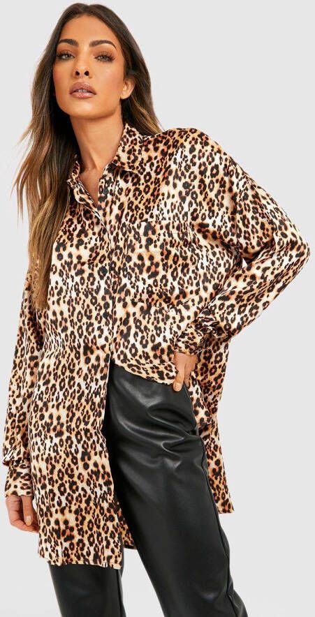 boohoo Oversized Satijnen Luipaardprint Overhemd Met Zakken, Brown