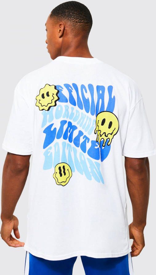 boohoo Oversized Spacende Smiley T Shirt Met Brede Nek, White