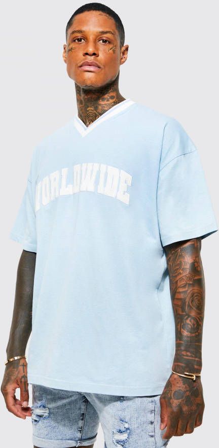 boohoo Oversized Worldwide T Shirt Met V Hals, Blue