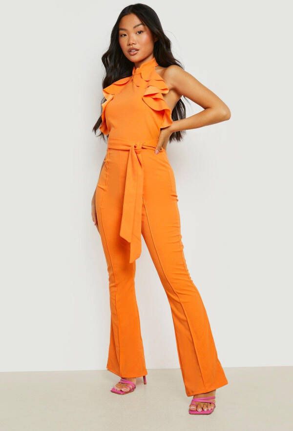 boohoo Petite Flared Jumpsuit Met Hoge Hals, Ruches En Racer Hals, Orange