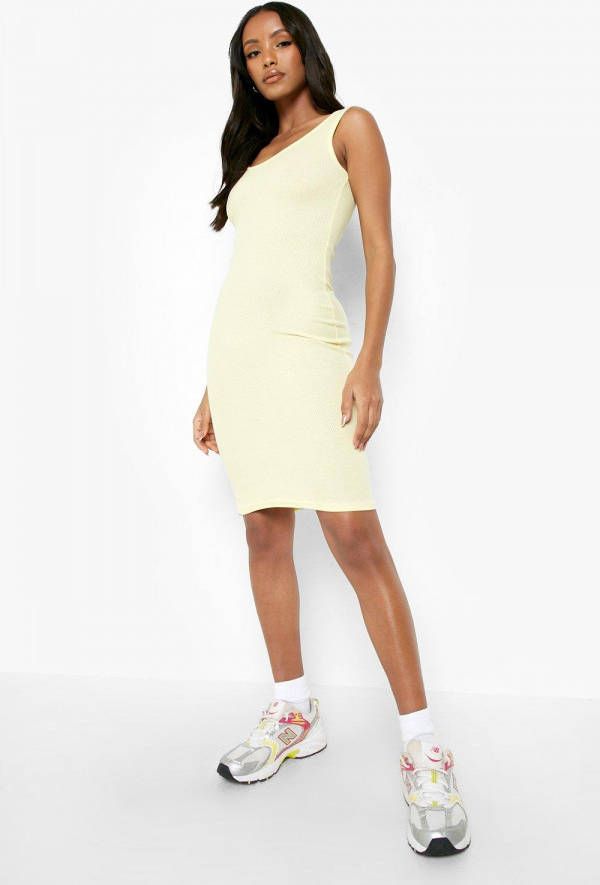 boohoo Petite Geribbelde Midi Jurk Met Laag Uitgesneden Rug, Citroen