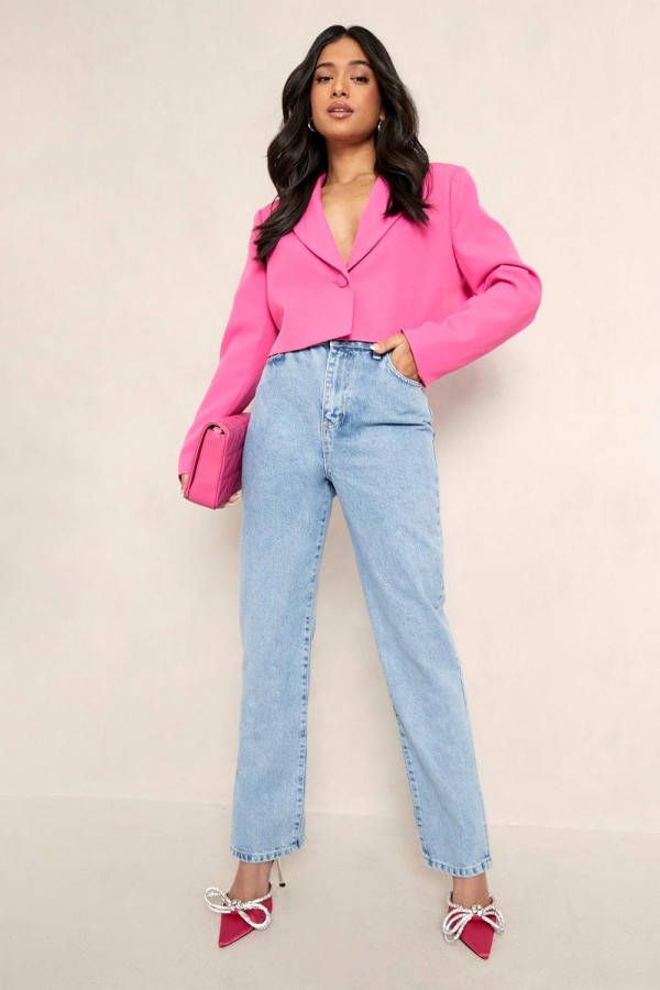 boohoo Petite Mid Wash Spijkerbroek Met Split, Blauw