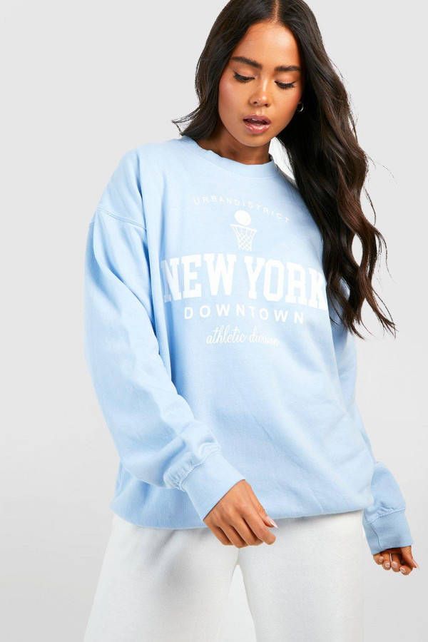 boohoo Petite Oversized New York Sweater Met Print, Navy