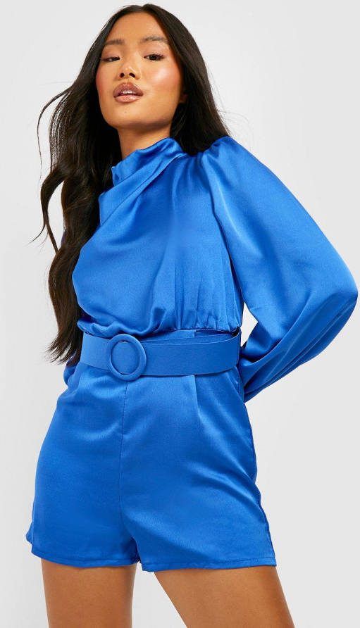 boohoo Petite Romper Met Hoge Hals En Ceintuur, Cobalt