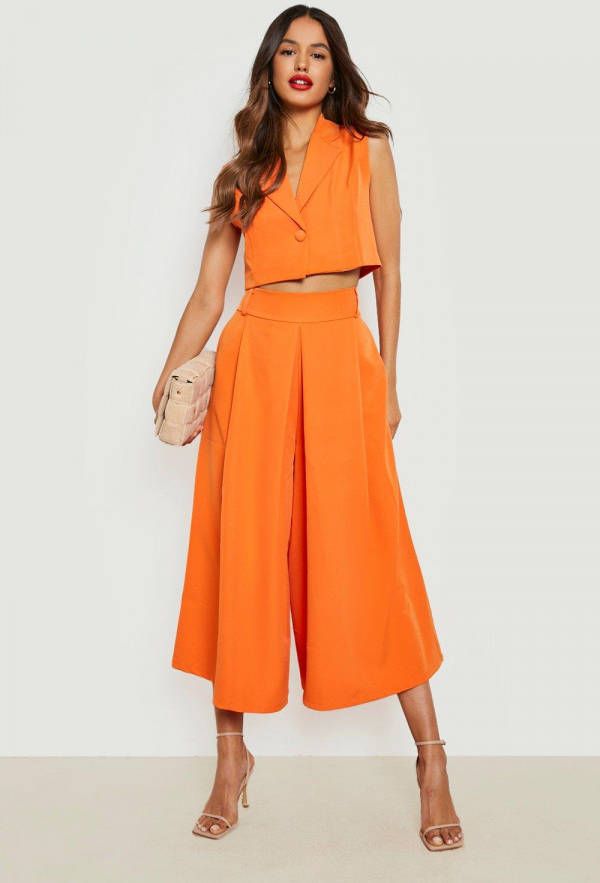 boohoo Pleat Getailleerde Wide Leg Culottes, Orange