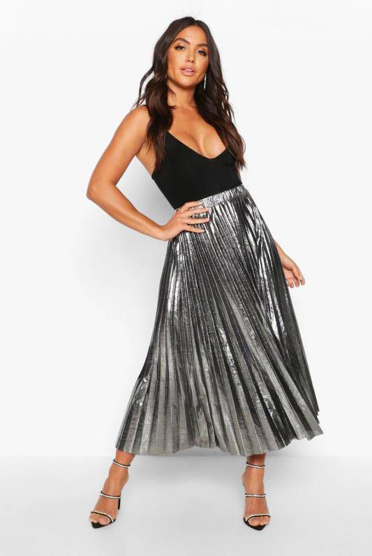 boohoo Geplooide Metallic Midi Rok, Silver
