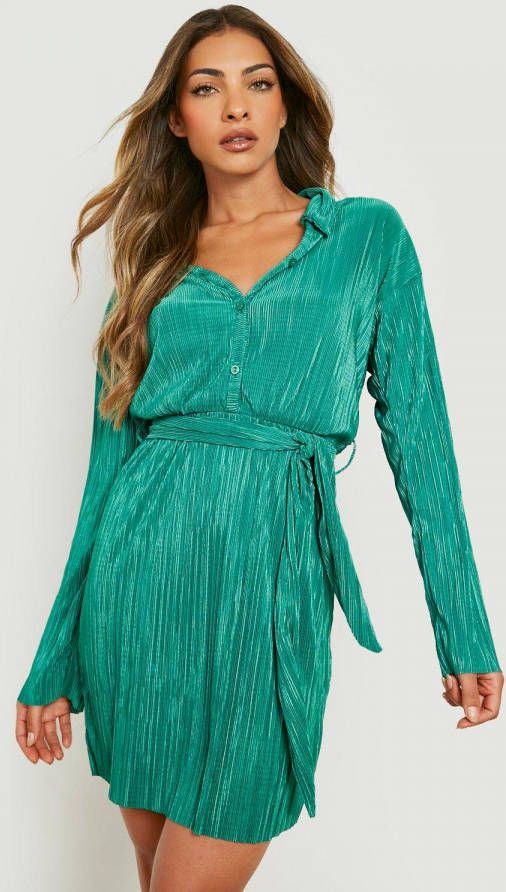boohoo Plisse Blouse Jurk Met Ceintuur, Green
