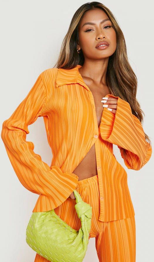 boohoo Plisse Blouse Met Wijde Mouwen, Orange