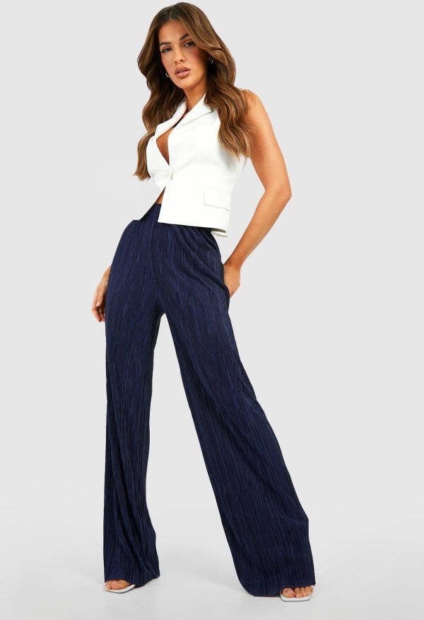 boohoo Super Lange Plisse Wide Leg Broek, Navy