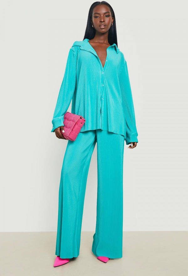 boohoo Plisse High Waist Wide Leg Broek, Teal