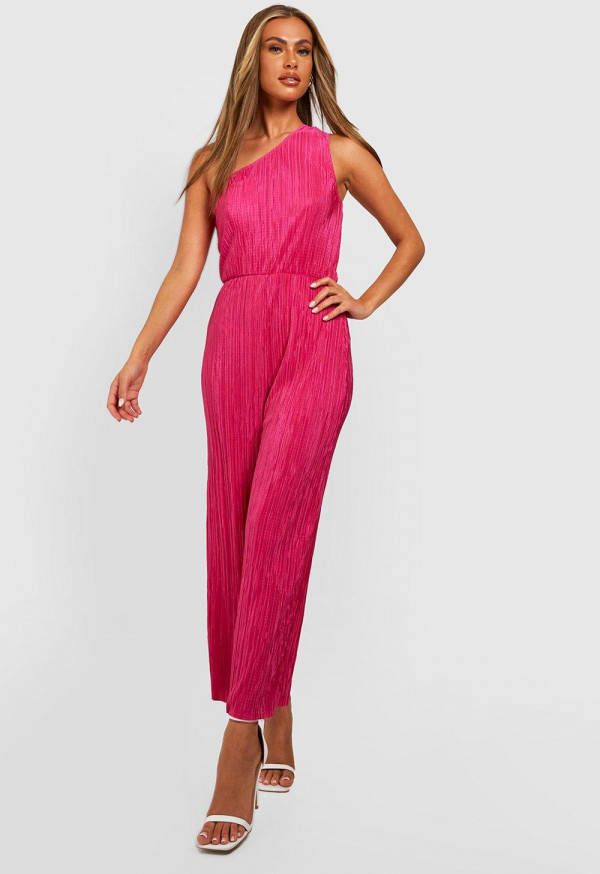 boohoo Plisse Jumpsuit Met Eé, n Open Schouder, Hot Pink