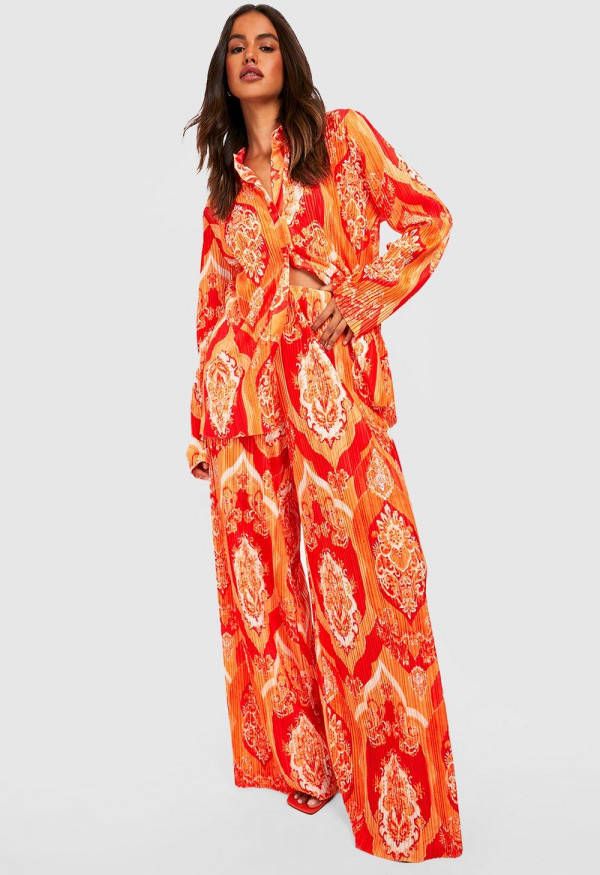 boohoo Plisse Paisley Print Wide Leg Broek, Orange