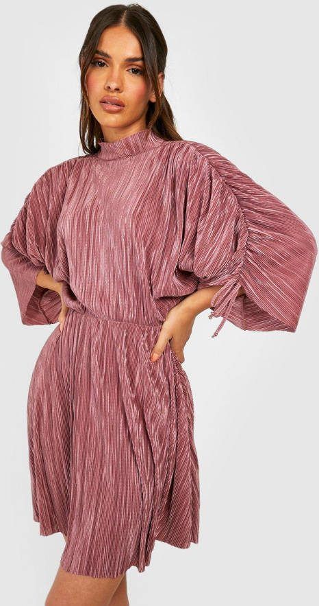 boohoo Plisse Skater Jurk Met Hoge Hals En Geplooide Mouwen, Rose