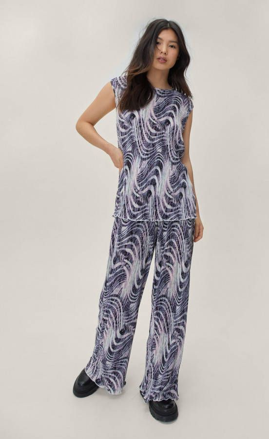 boohoo Plisse Swirl Print Set Met Wide Leg Broek, Purple