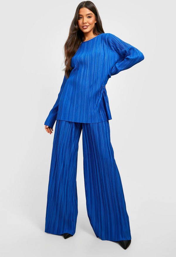 boohoo Plisse Wide Leg Broek, Bright Blue