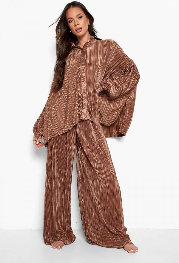 boohoo Plisse Wide Leg Broek, Gold