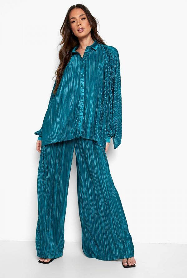 boohoo Plisse Wide Leg Broek Met Split, Teal