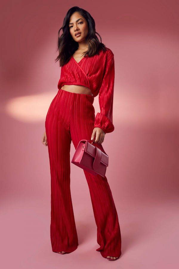 boohoo Plisse Wide Leg Broek, Red