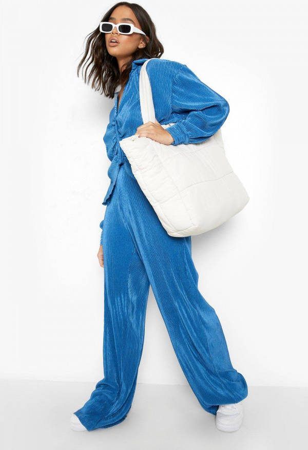 boohoo Plisse Wide Leg Broek, Teal