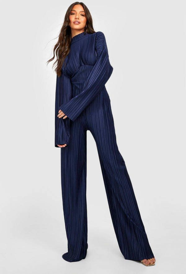 boohoo Plisse Wide Leg Jumpsuit Met Hoge Hals, Navy
