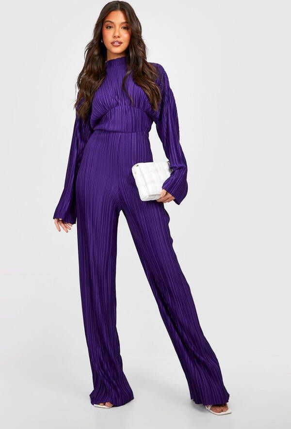 boohoo Plisse Wide Leg Jumpsuit Met Hoge Hals, Purple