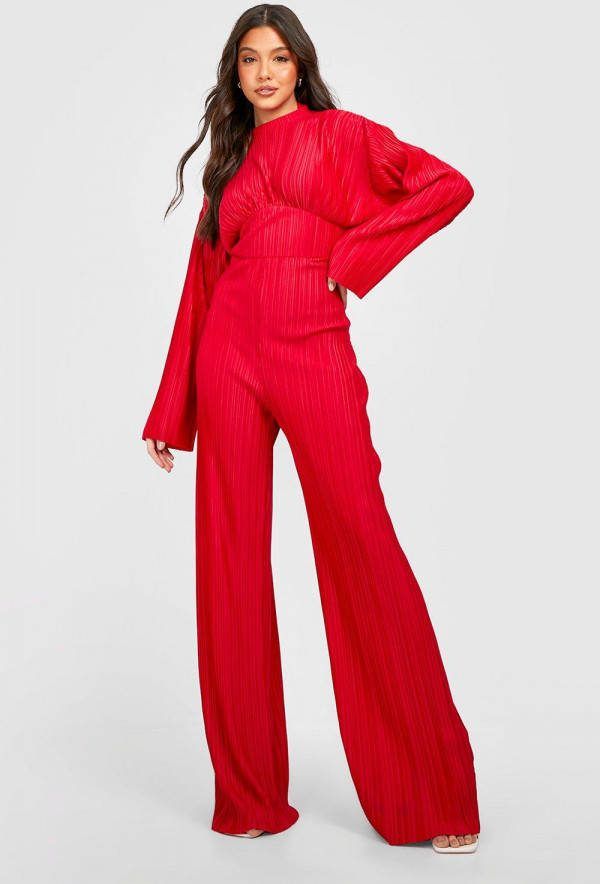 boohoo Plisse Wide Leg Jumpsuit Met Hoge Hals, Red